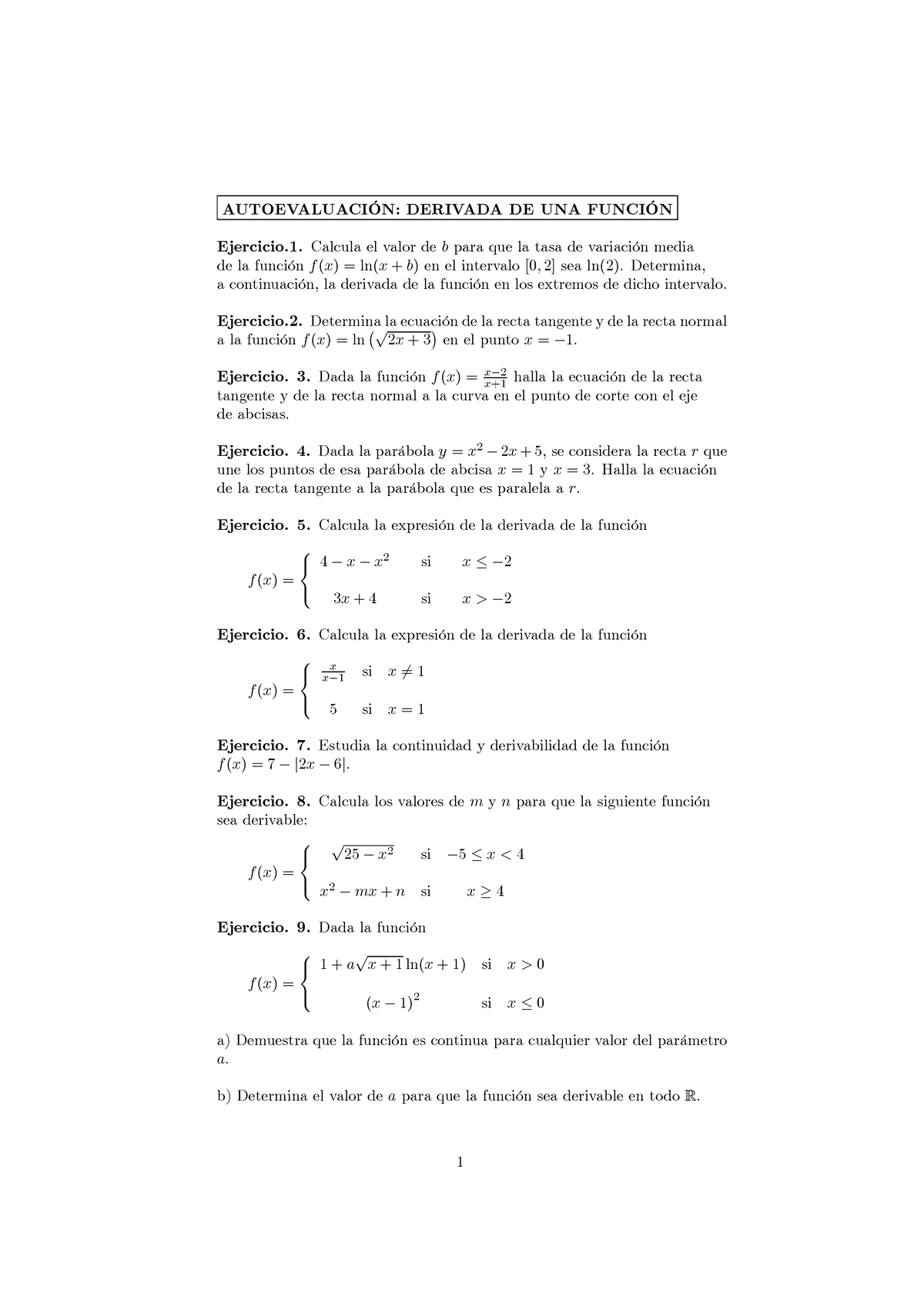 Autoeval Derivada De Una Función - AUTOEVALUACI”N: DERIVADA DE UNA ...