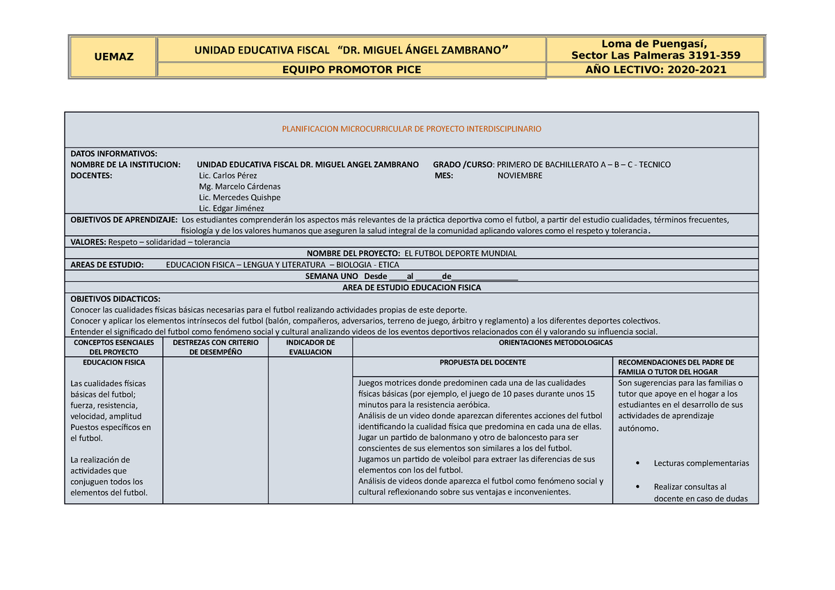 Ejemplo De Planificación Microcurricular De Proyecto Proyecto Interdisciplina Uemaz Unidad 