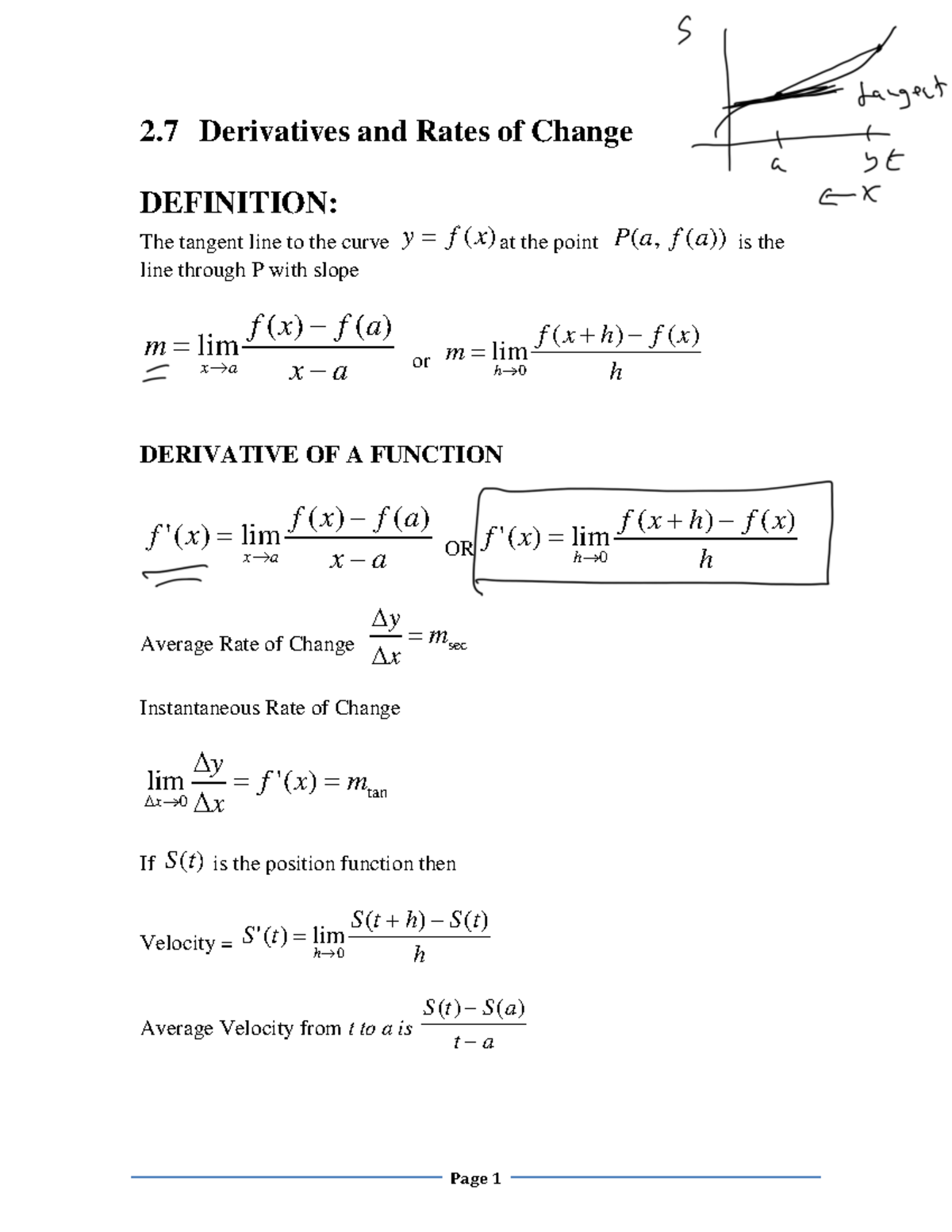 Math 151 Class Notes - 2 Derivatives And Rates Of Change DEFINITION ...