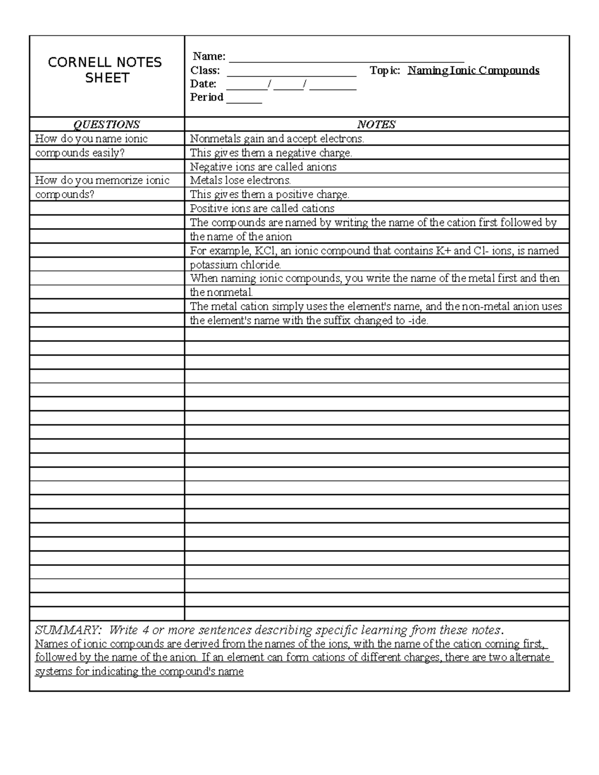 Lesson on Naming Ionic Compounds #2 - Take Notes (Terry) - CORNELL ...