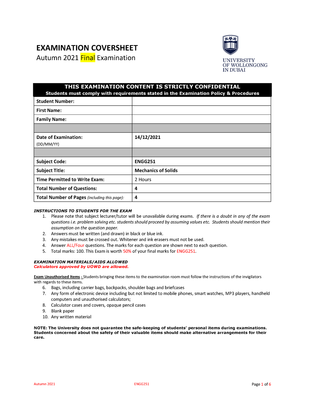 2021 Final Exam - Autumn 2021 ENGG251 Page 1 of 6 EXAMINATION ...