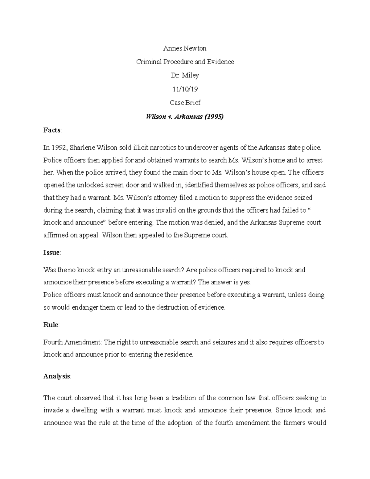 Wilson v Arkansas case brief Annes Newton Criminal Procedure and