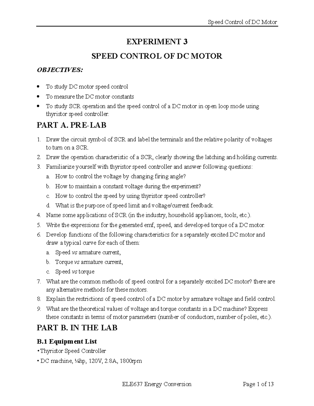 Experiment 3 Lab Speed Control of DC Motor ELE637 Energy Conversion