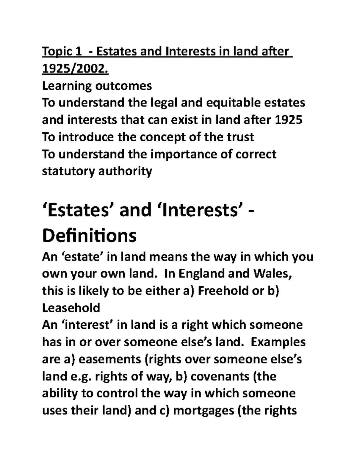 Estates and interests in land - 456Z0404 - MMU - Studocu