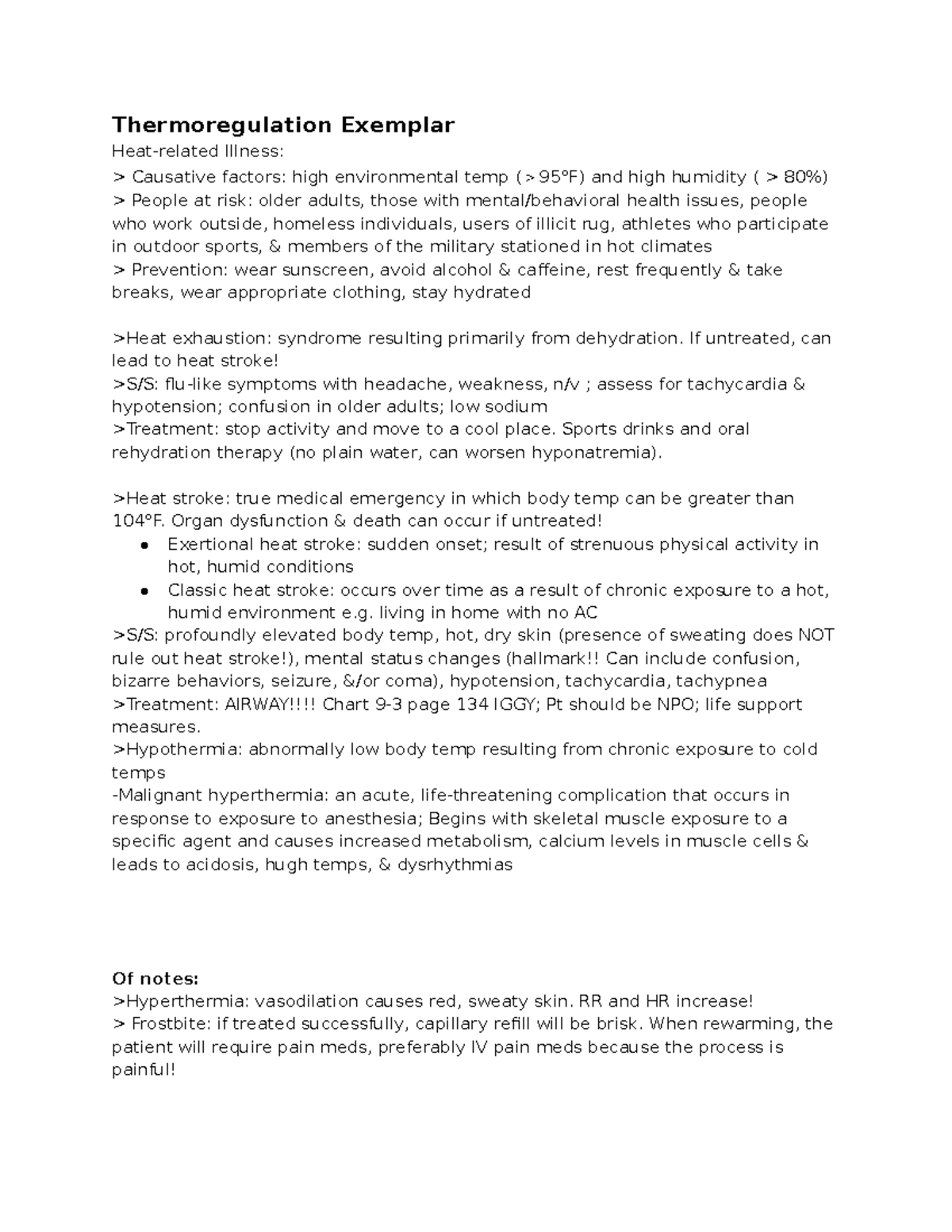 Exam 3 a7 - Study guide - Thermoregulation Exemplar Heat-related ...