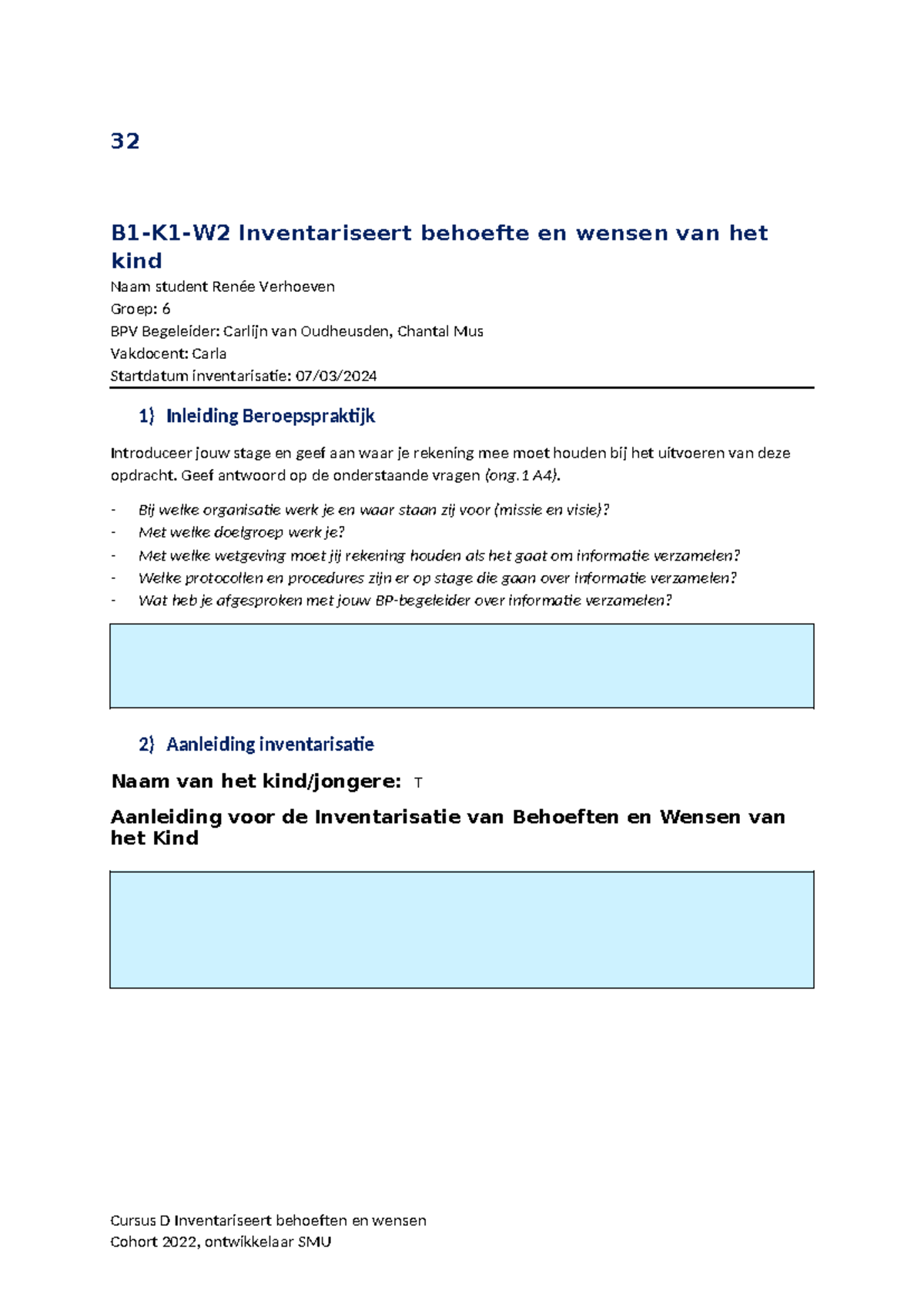 Rapportage Observatie Voor Handelingsplan - 32 B1-K1-W2 Inventariseert ...