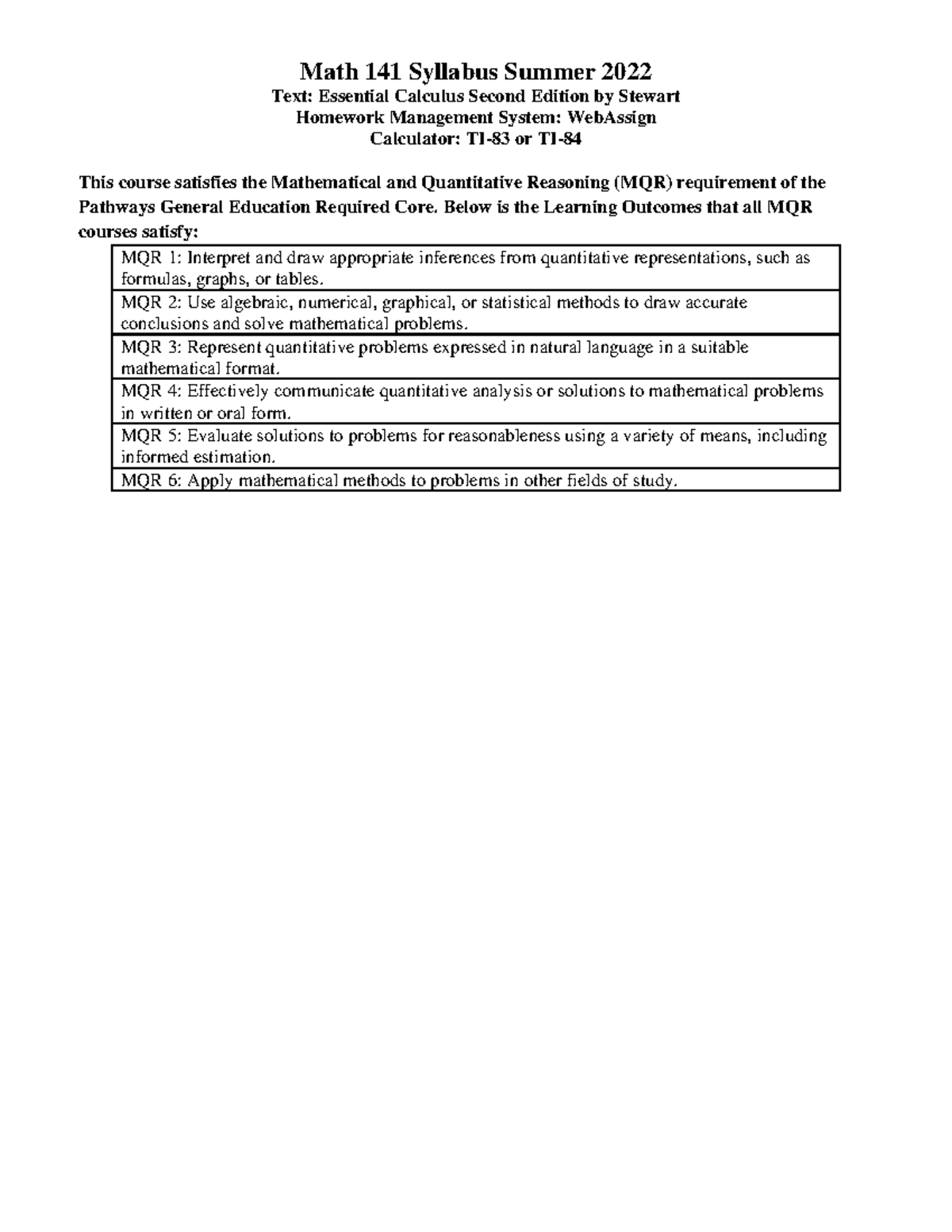 Math141Syllabus - lecture notes - Math 141 Syllabus Summer 2022 Text ...