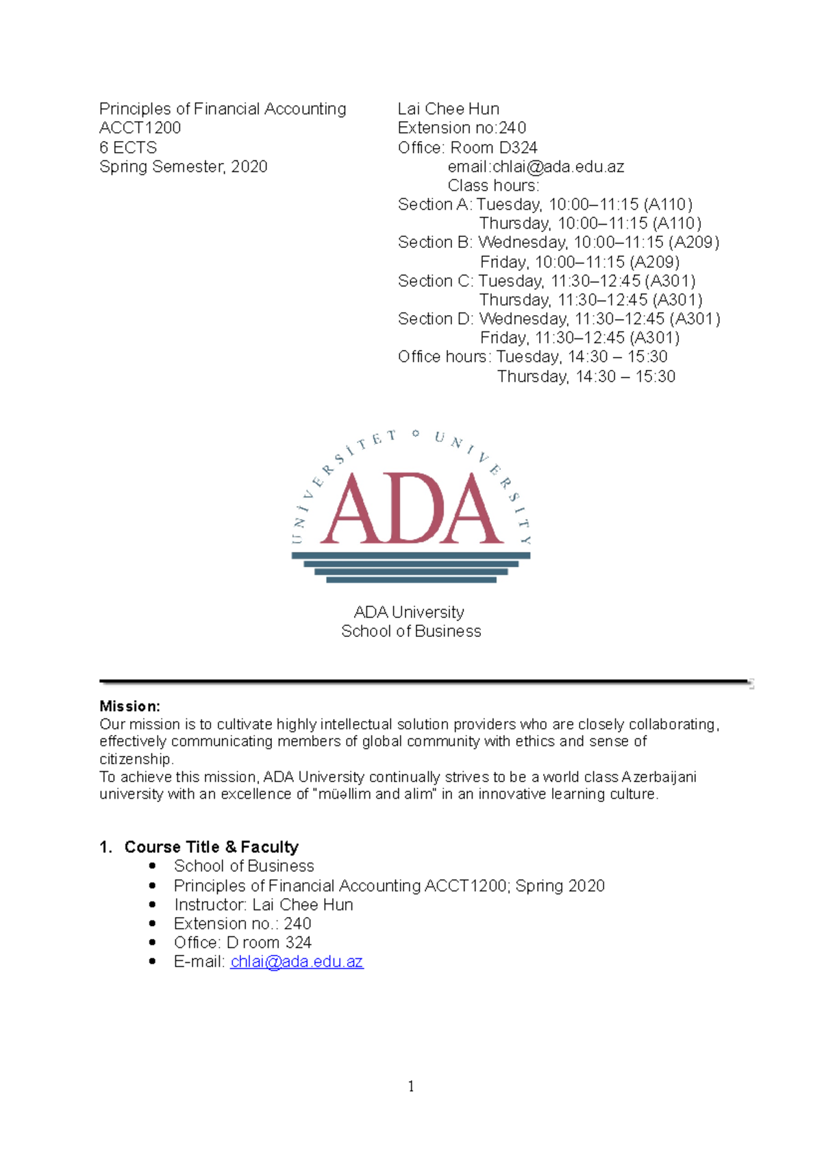 ACCT1200(20) Course Outline - Principles of Financial Accounting Lai ...