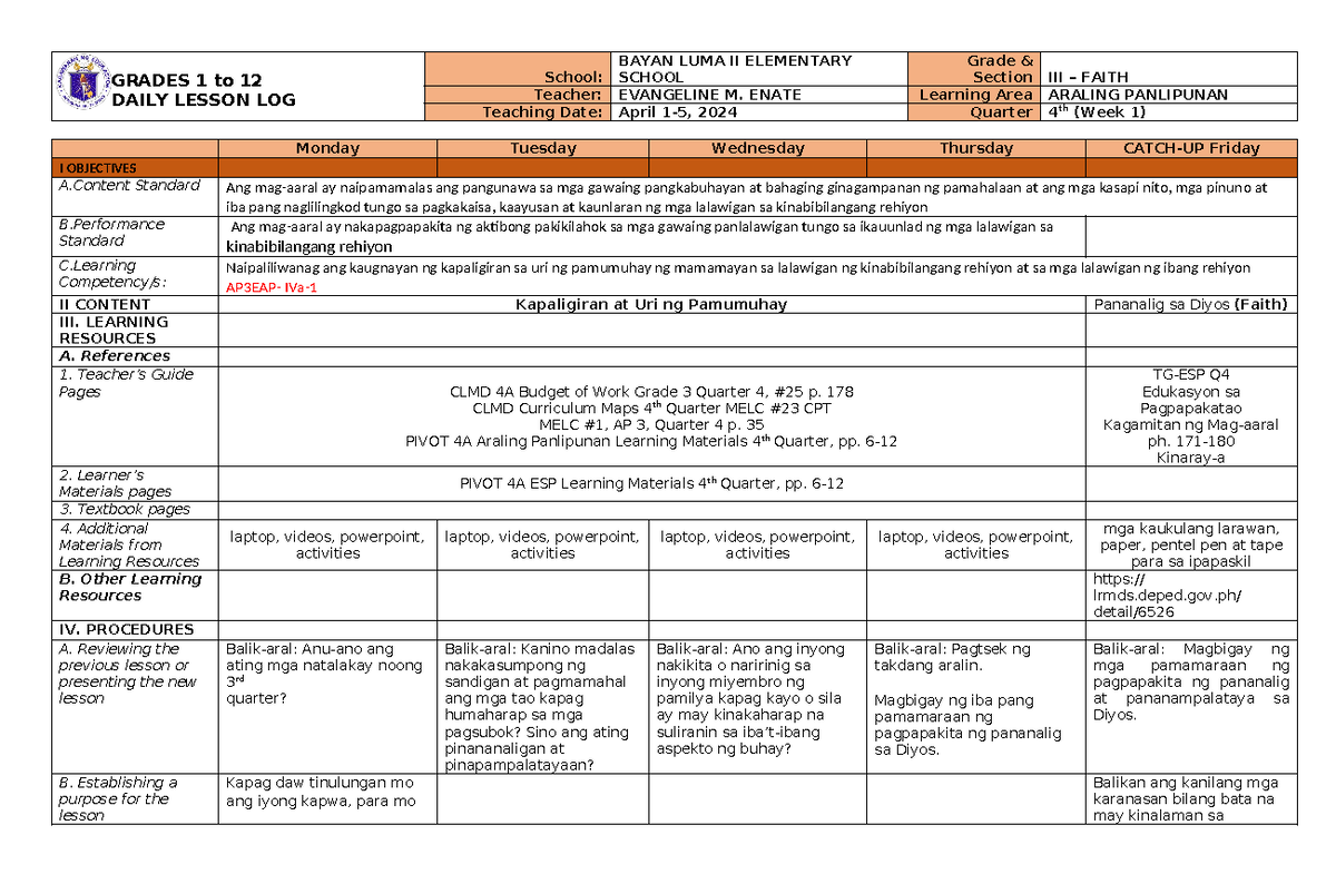 DLL-Q4-AP WEEK 1 - Daily Lesson Log - GRADES 1 to 12 DAILY LESSON LOG ...