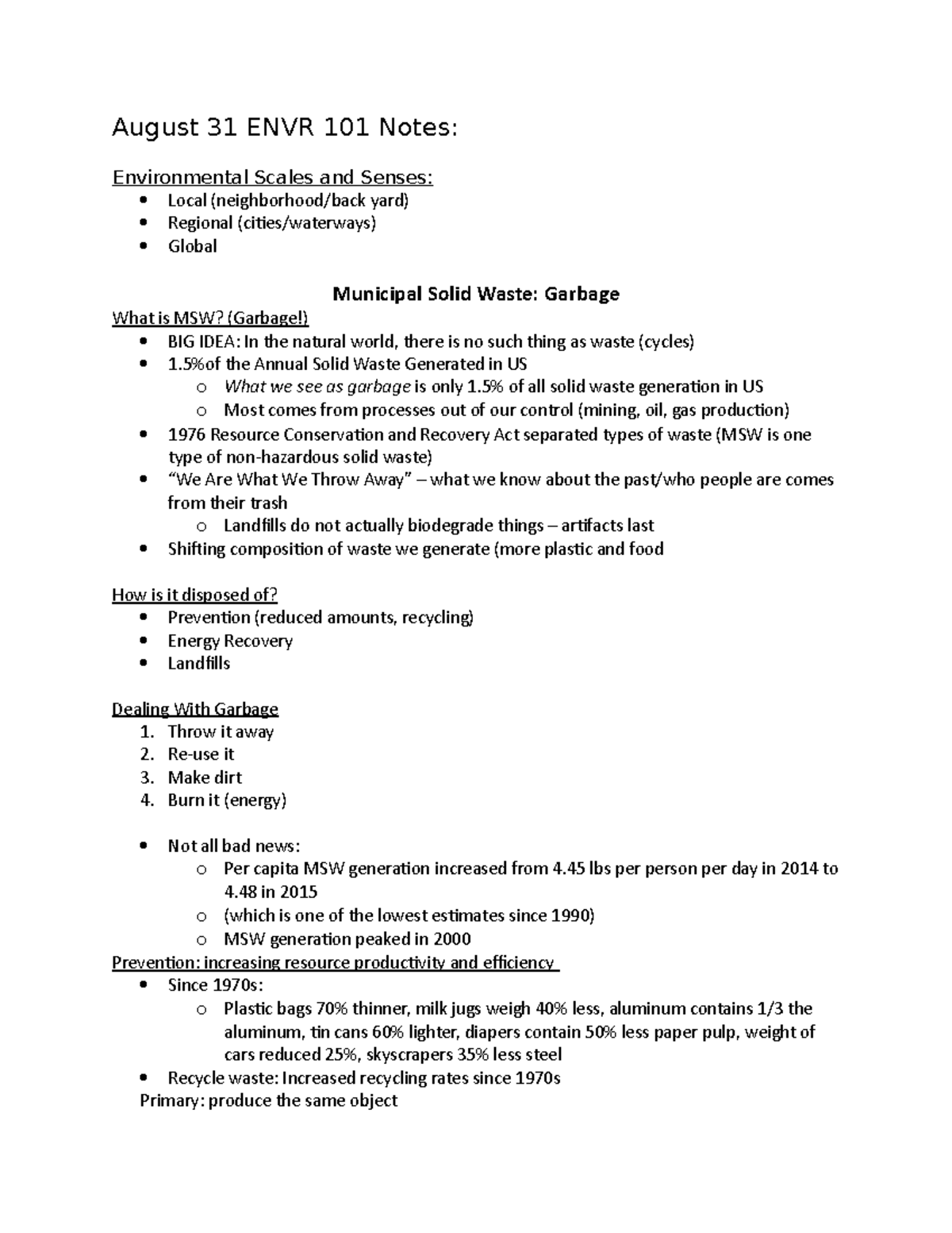 ENVR 101 - Municipal Solid Waste - August 31 ENVR 101 Notes ...