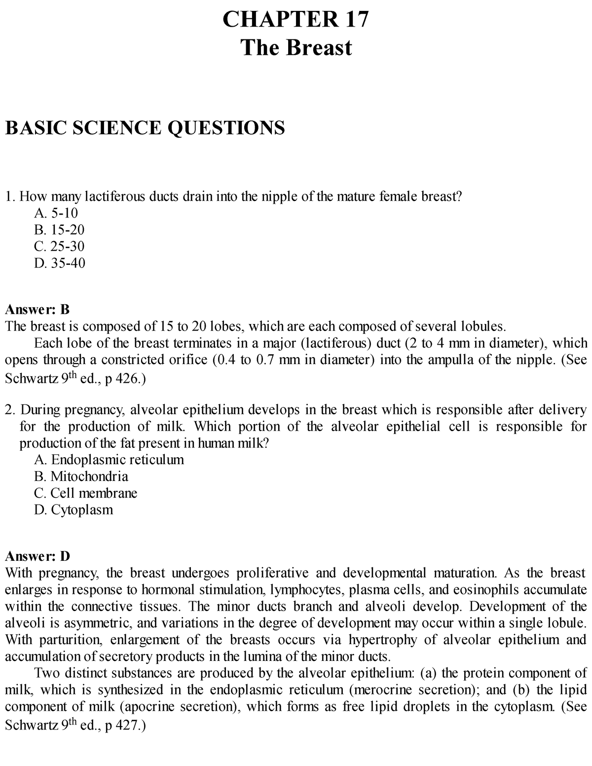 Absite Breast Exam CHAPTER 17 The Breast BASIC SCIENCE QUESTIONS