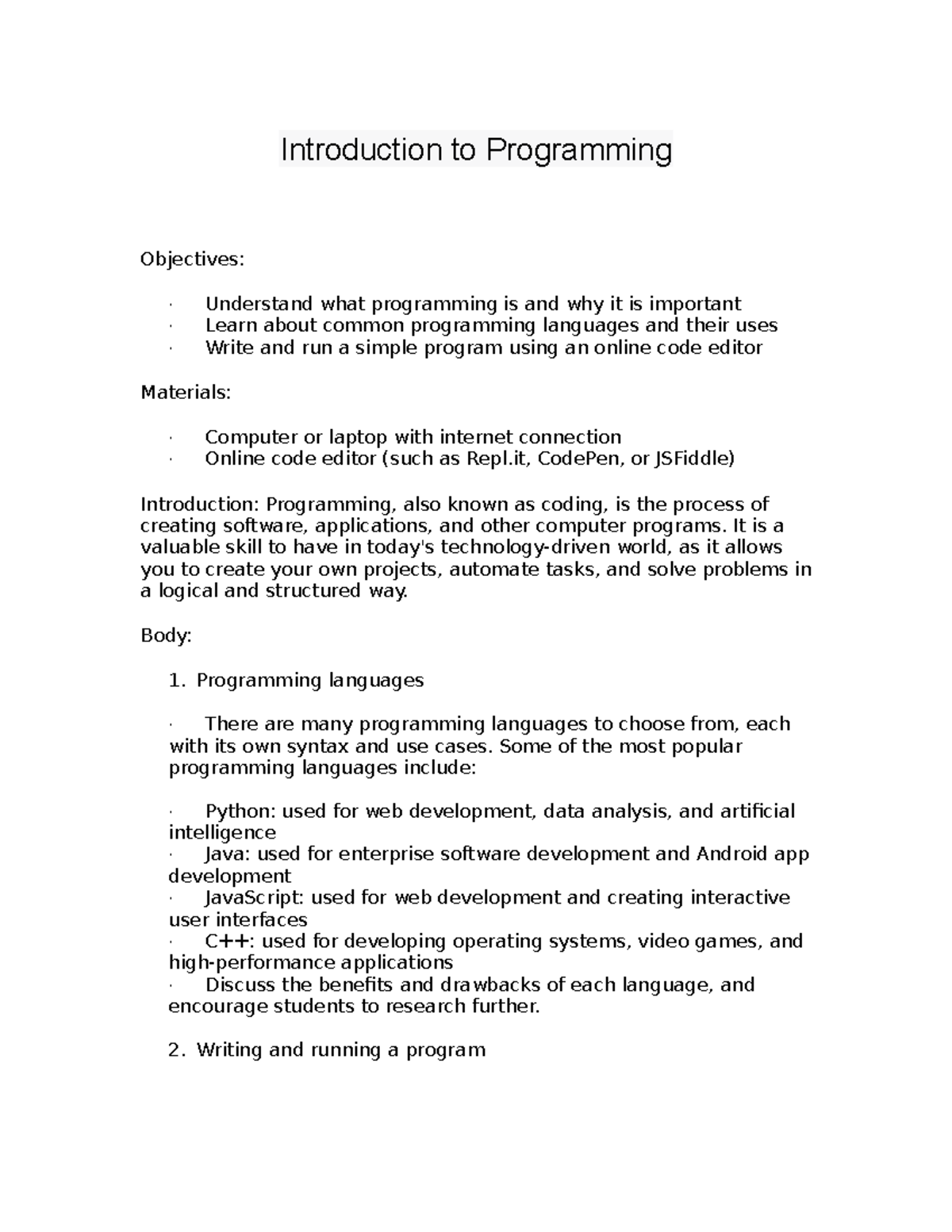 Introduction to Programming - Introduction to Programming Objectives ...