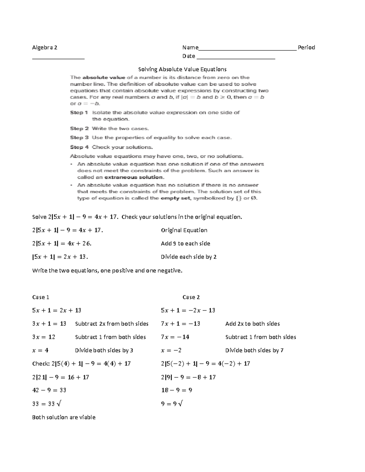 Solving Absolute Value Equations - Algebra 2 Name ...