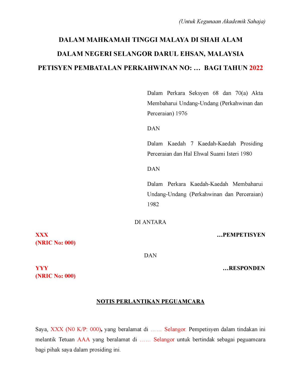 Notis Perlantikan Peguamcara - (Untuk Kegunaan Akademik Sahaja) DALAM ...