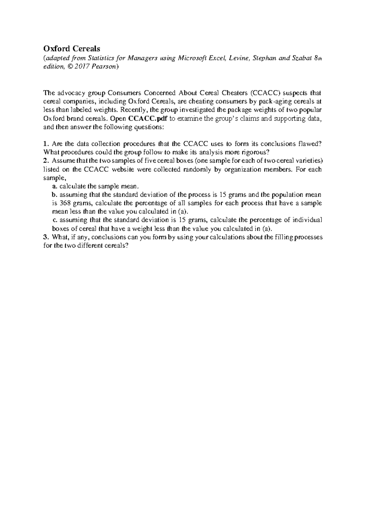 Lab2 Oxford Cereals Exercice regarding sampling mean. Oxford