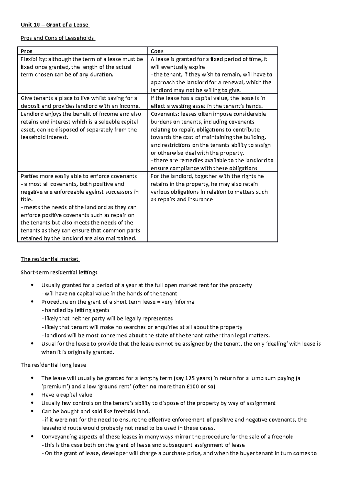 Real Estate Grant of a Lease revision notes Unit 10 Grant of a