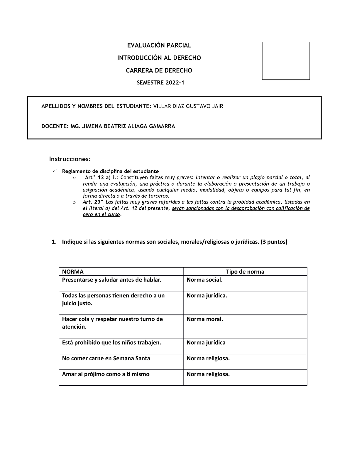 Examen Parcial - Introducción AL Derecho - EVALUACIÓN PARCIAL ...