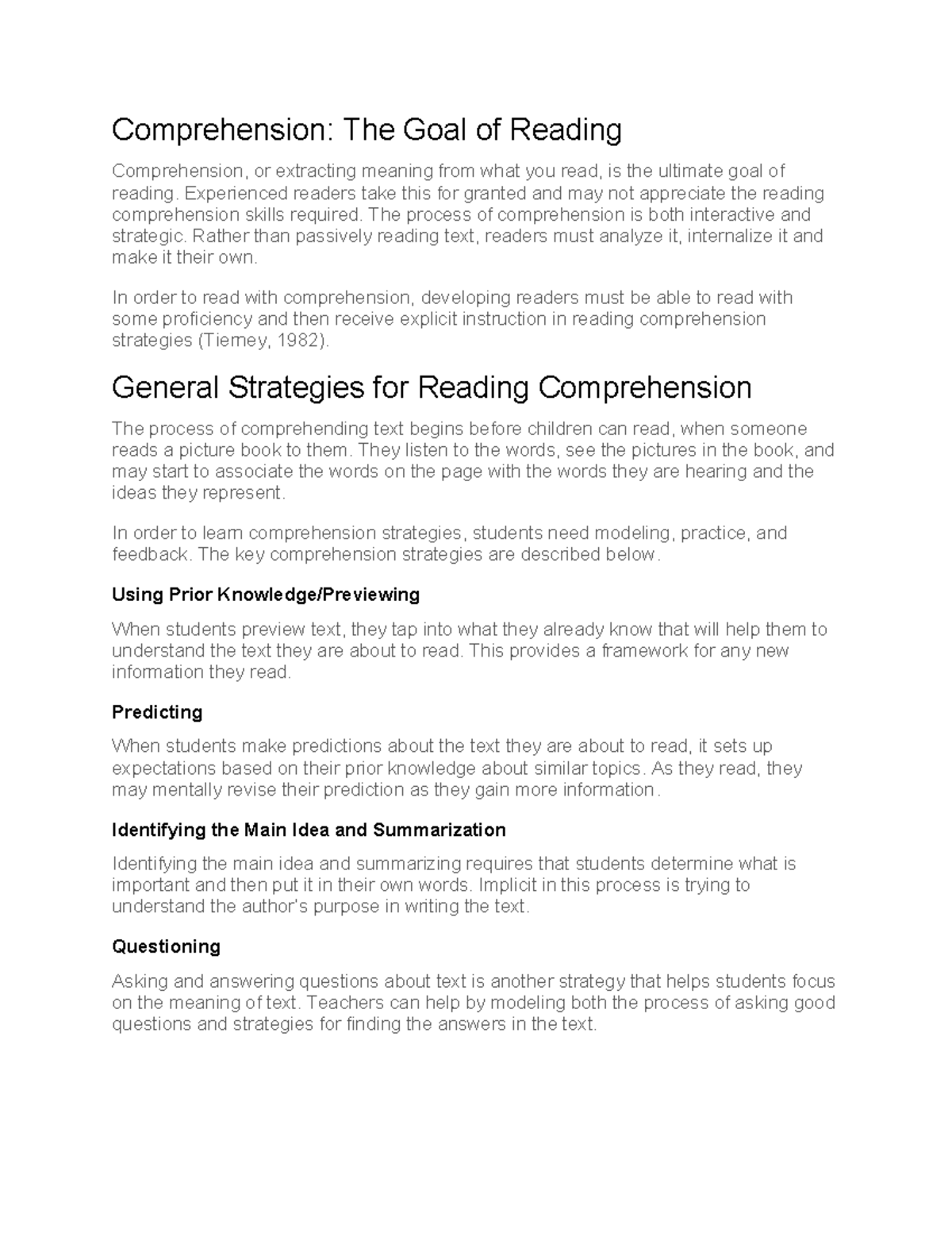 Comprehension - Experienced readers take this for granted and may not ...