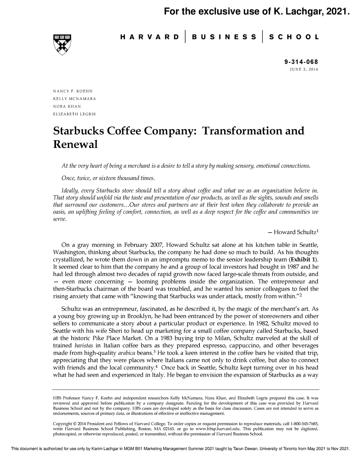starbucks coffee company transformation and renewal case study solution
