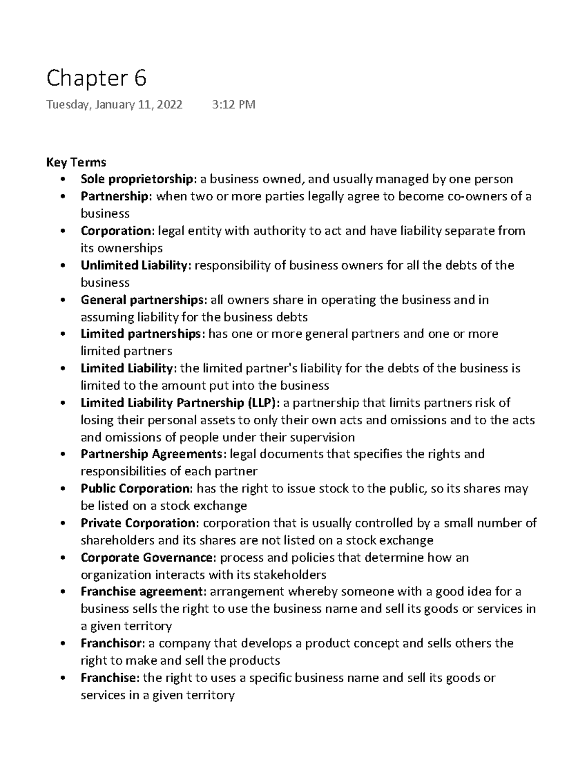 Business Environment Chapter 6 - Key Terms - Sole proprietorship: a ...