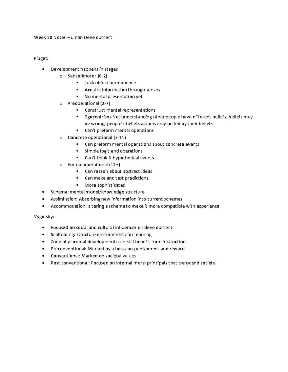 Week 10 Notes-Human Development - Week 10 Notes-Human Development ...
