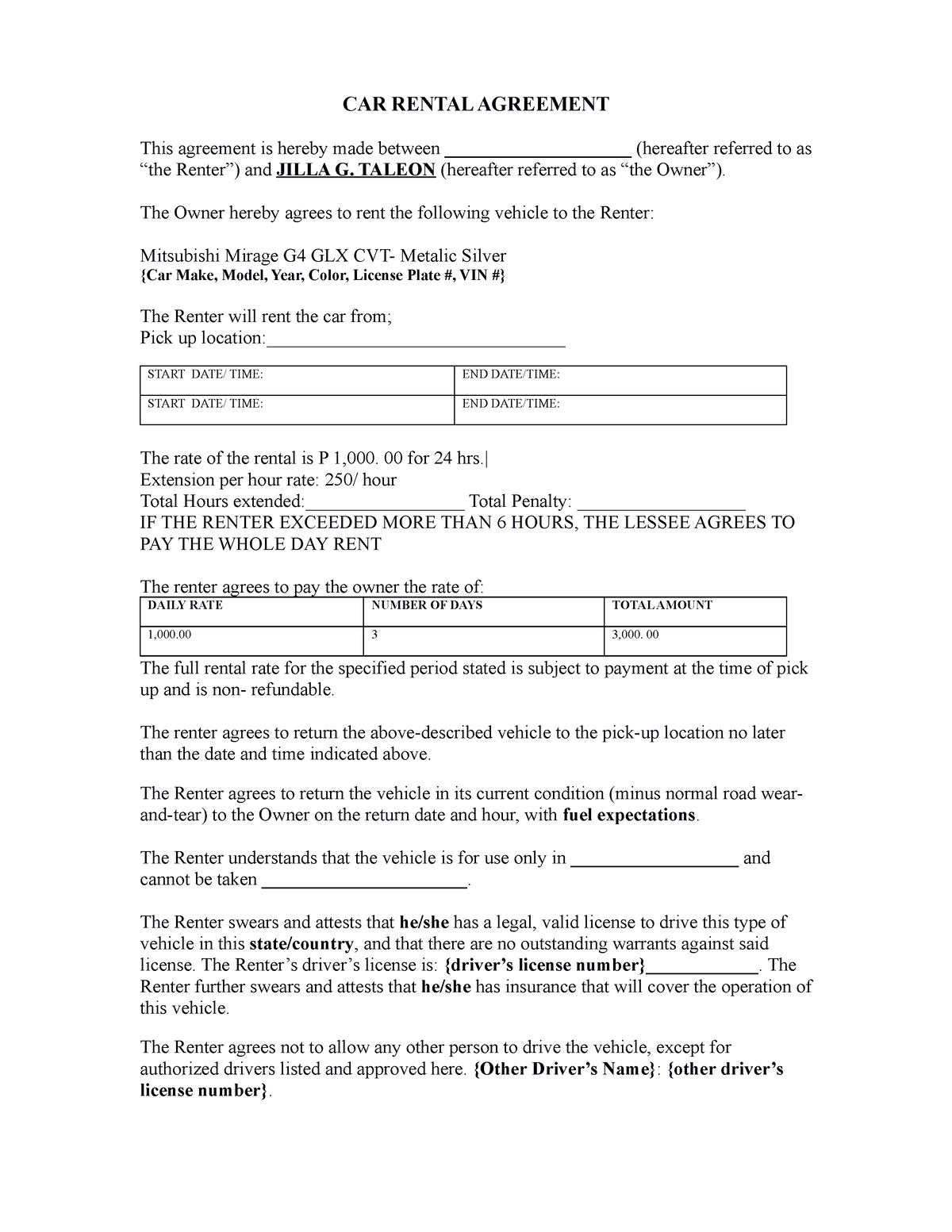 Agreement taleon - nnnn - CAR RENTAL AGREEMENT This agreement is hereby ...