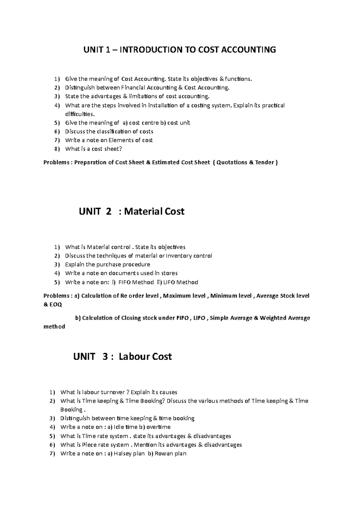 UNIT - 1 ( Theory Questions) - UNIT 1 – INTRODUCTION TO COST ACCOUNTING ...