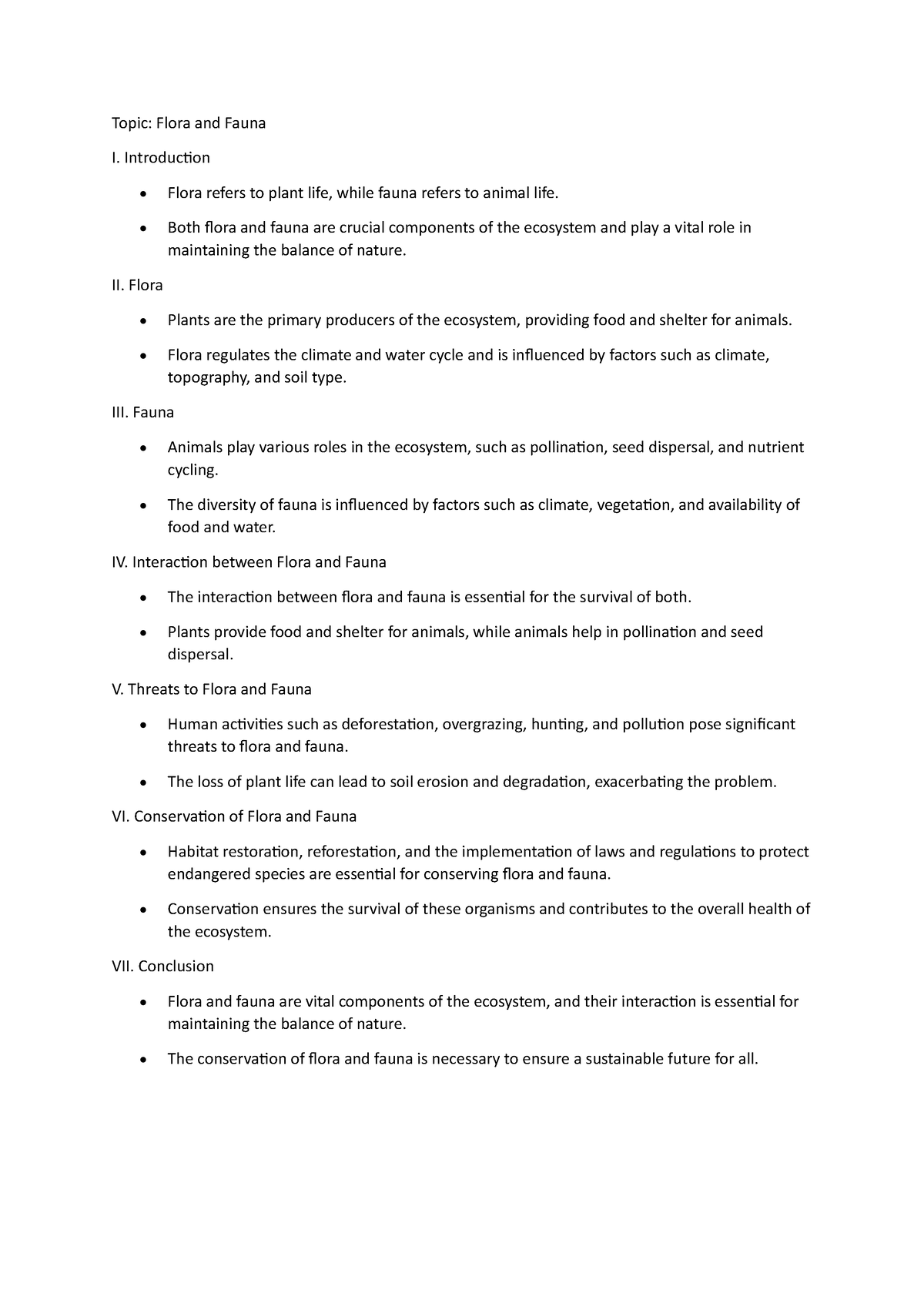 Flora and fauna notes - simple - Topic: Flora and Fauna I. Introduction ...