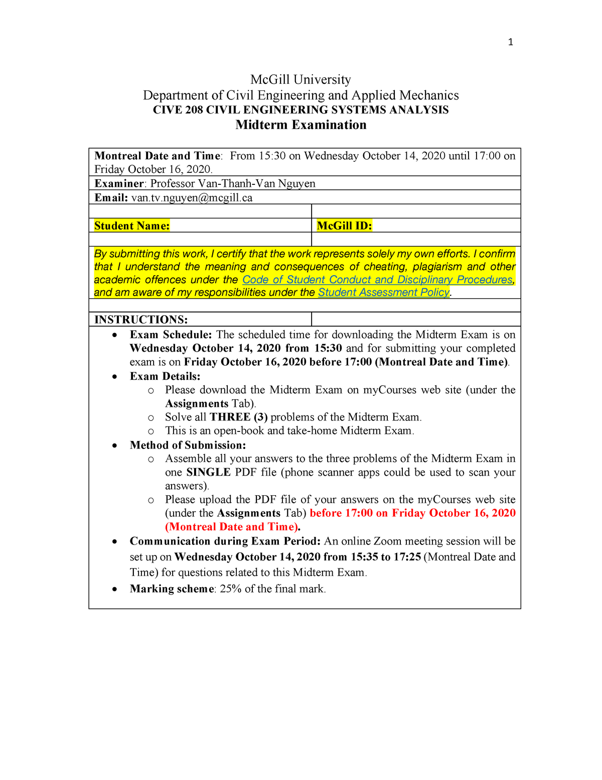 Midterm Exam Schedule Mcgill