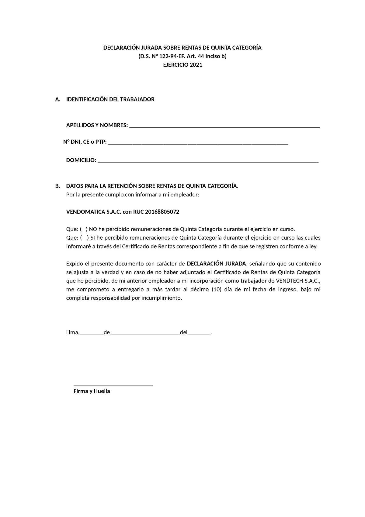 10 Declaración Jurada Renta Quinta Categoría 2021 DeclaraciÓn Jurada Sobre Rentas De Quinta 0816