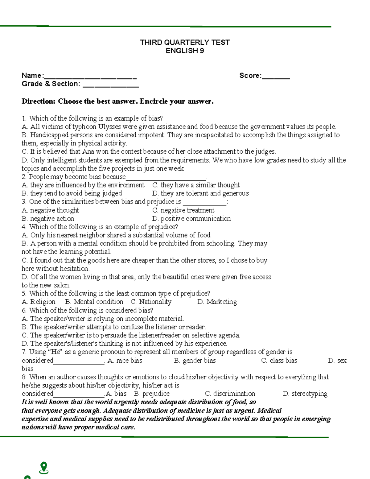 Quarter 3 EXAM - Teaching - THIRD QUARTERLY TEST ENGLISH 9 Name
