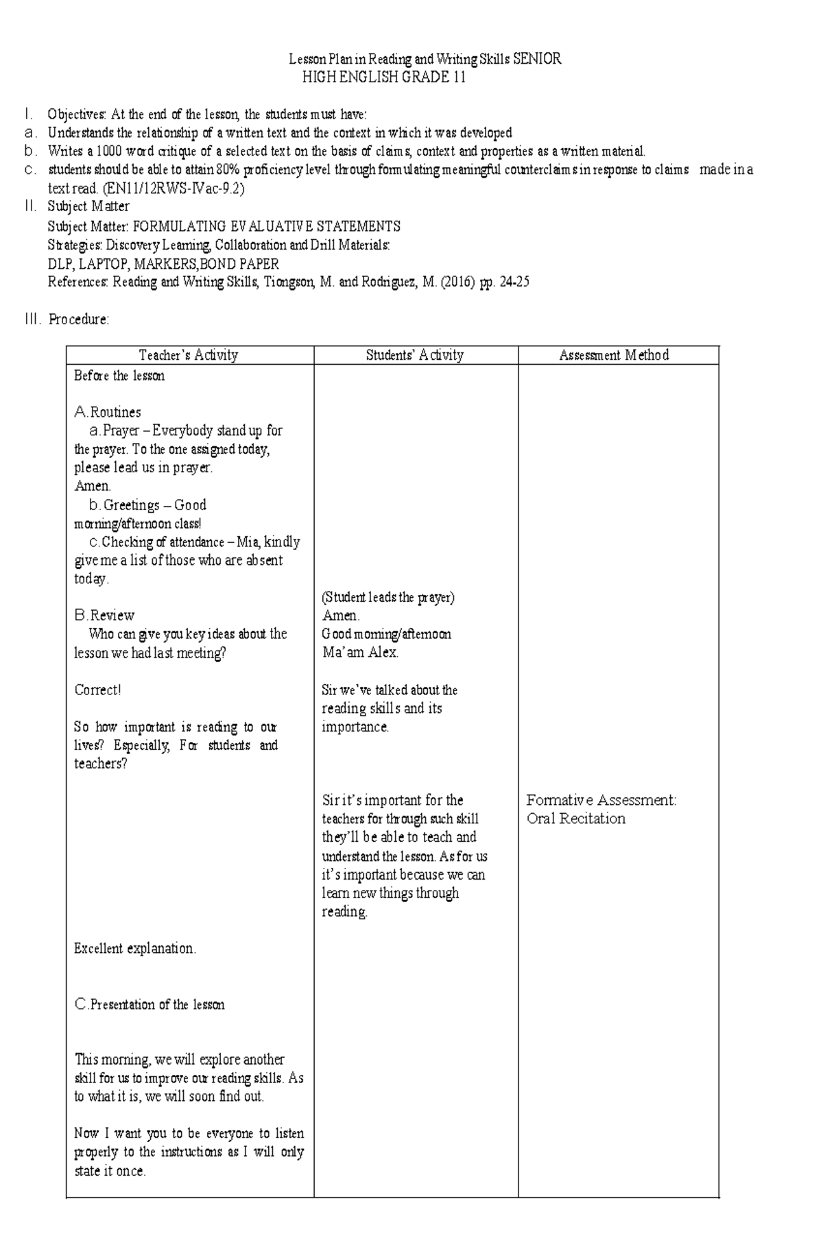 Counter Claims Reading and Writing Skills Lesson Plan in Reading