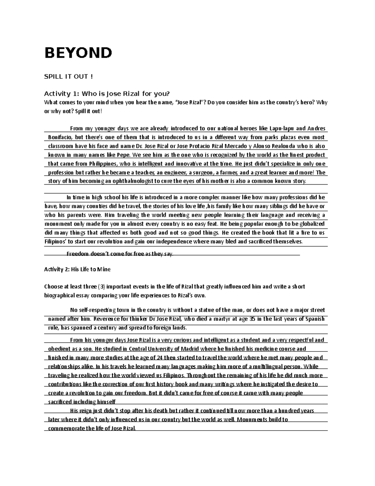The Life and Works of Jose Rizal - Activity 2 - BEYOND SPILL IT OUT ...