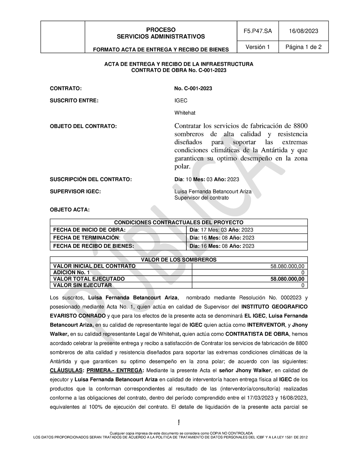 Acta De Recibo N Proceso Servicios Administrativos Formato Acta De