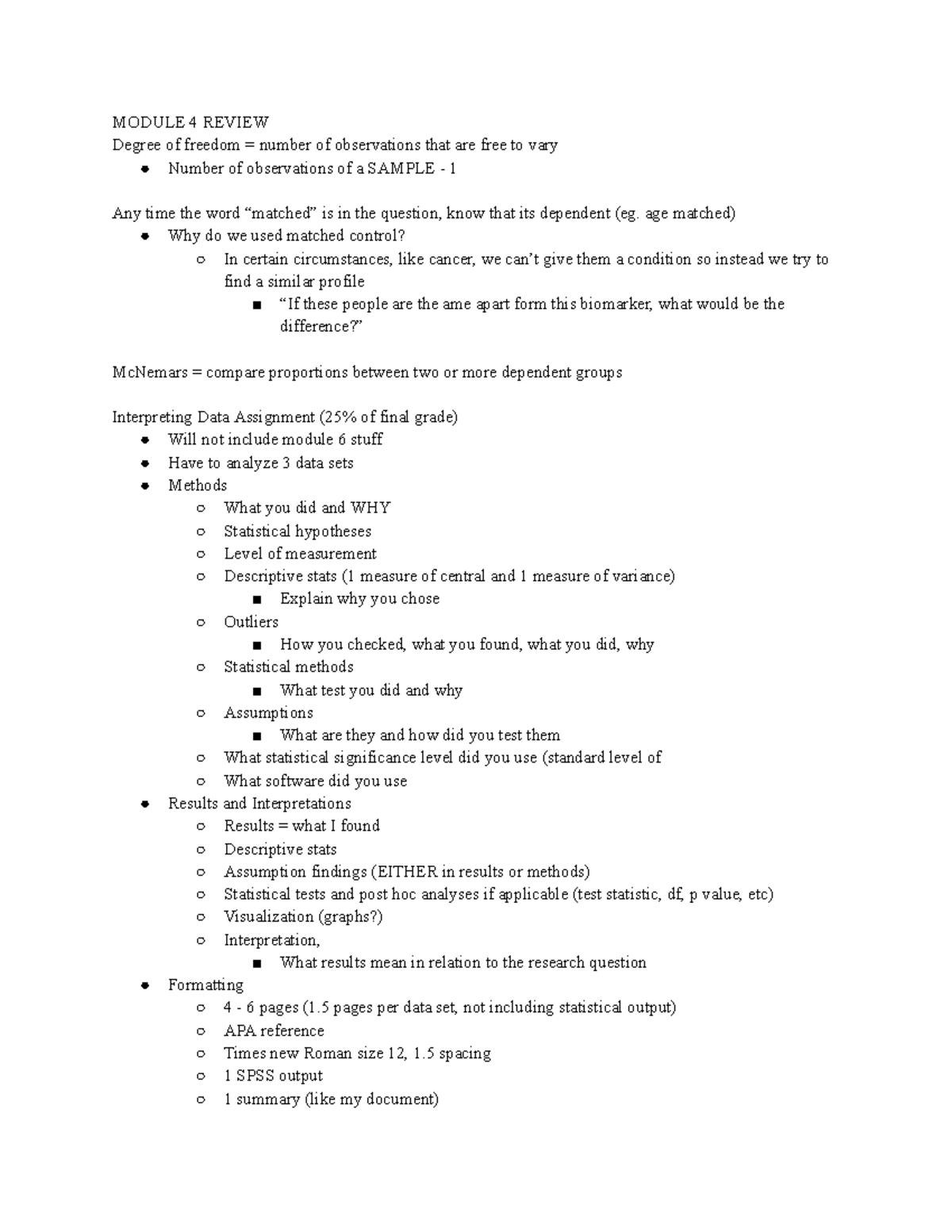 Module Review Notes - Summary Introduction To Statistics For The Health ...