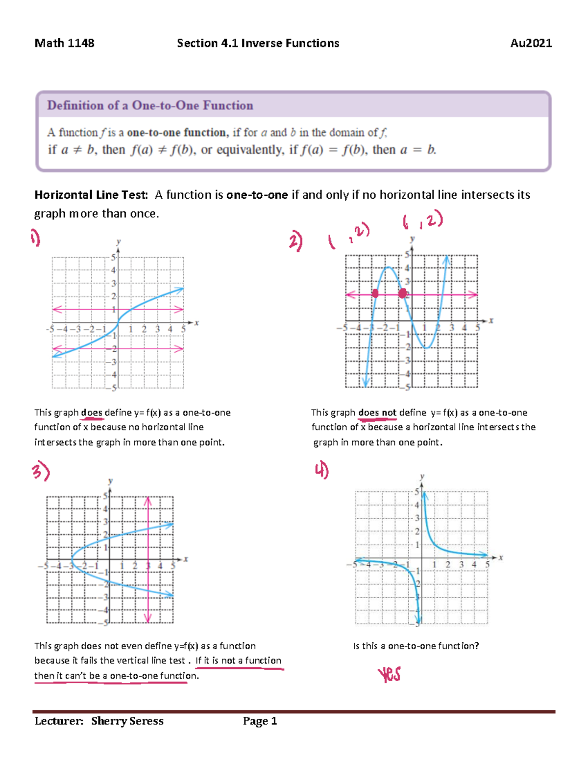 Lecture Section 4.1 - Horizontal Line Test: A function is one-to-one if ...