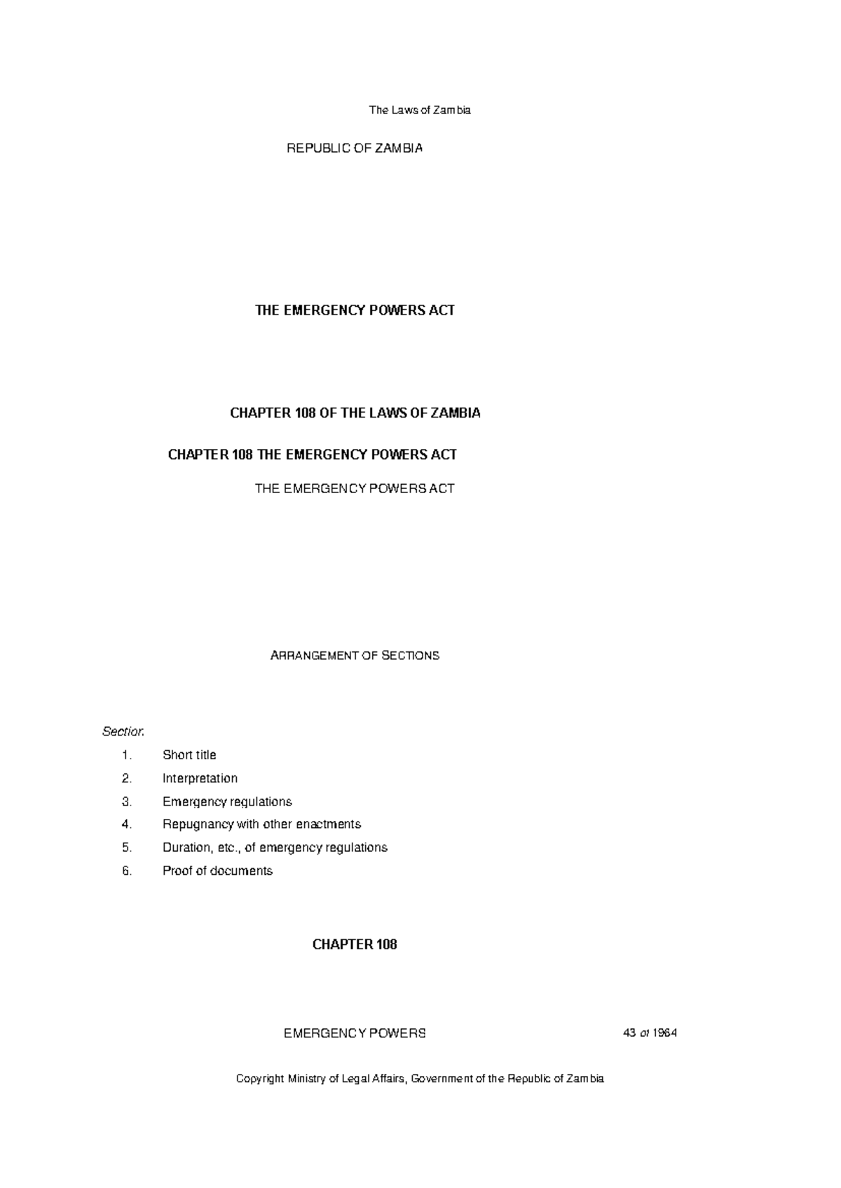 Emergency Powers Act - ITS A ZAMBIAN ACT - REPUBLIC OF ZAMBIA THE ...
