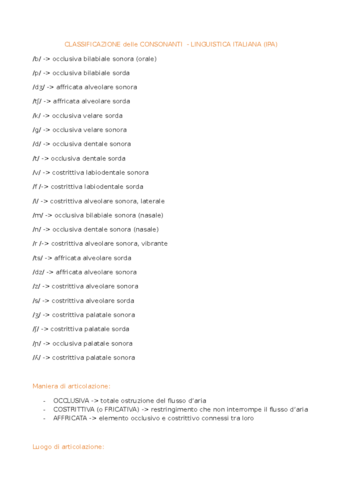 Classificazione delle Consonanti - linguistica italiana (IPA ...