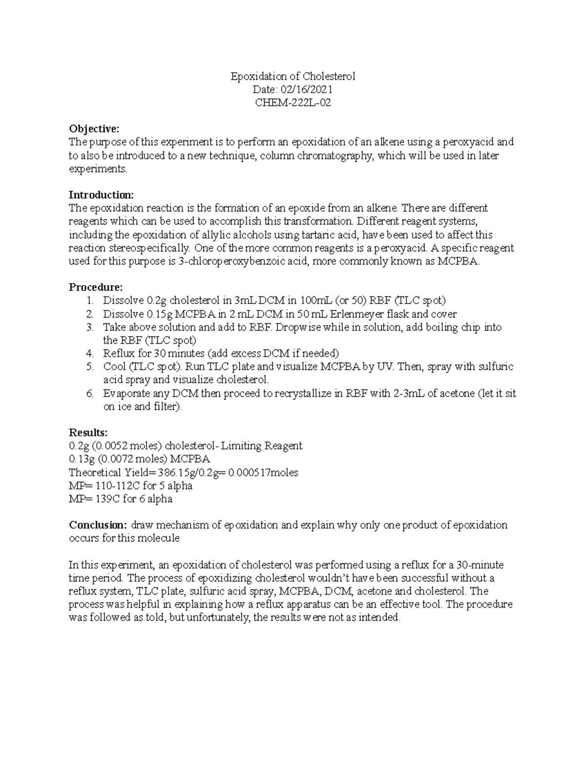 Backup of Cholesterol Lab Report Epoxidation of Cholesterol Date 02