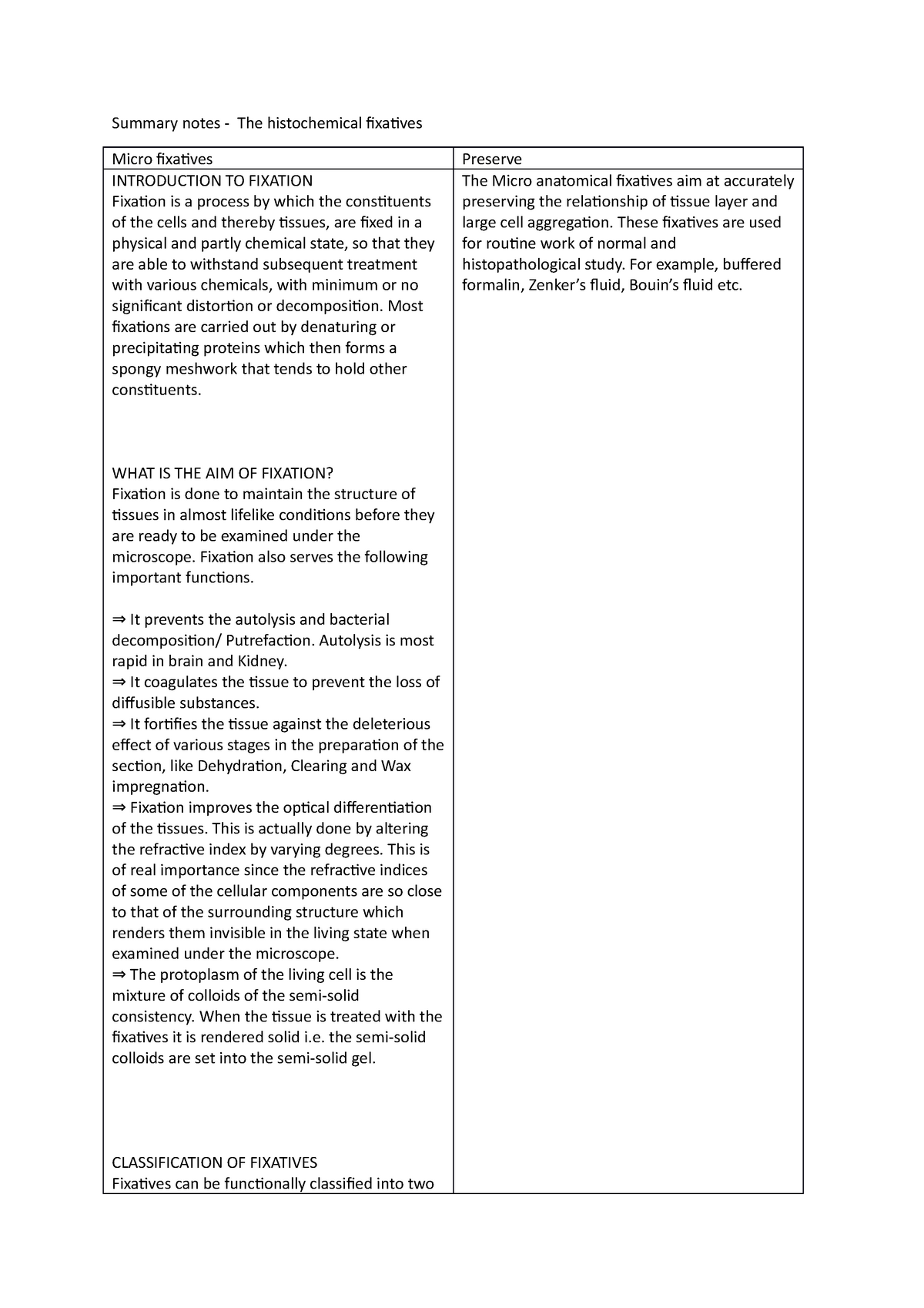 Summary notes The histochemical fixatives Most fixations are