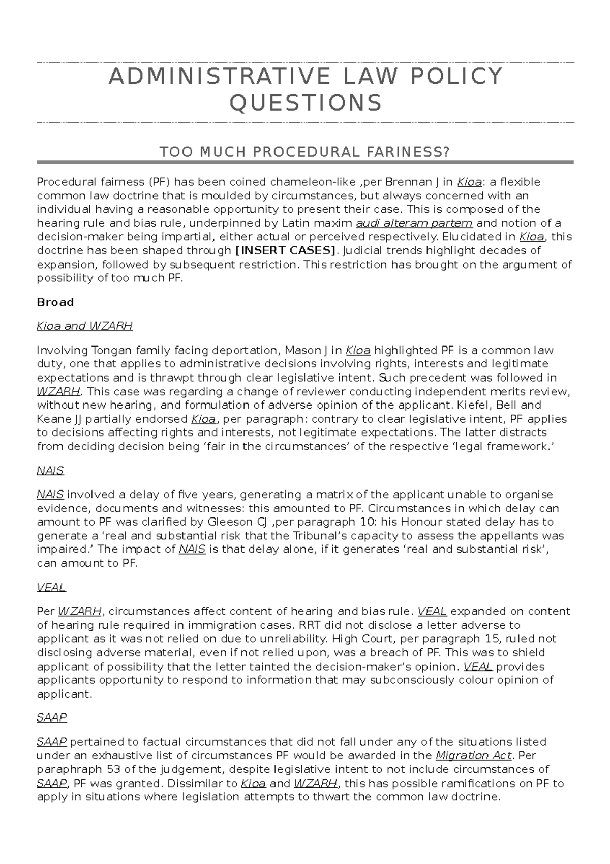 Policy Questions Admin Law - A D M I N I S T RAT I V E L AW P O L I C Y ...