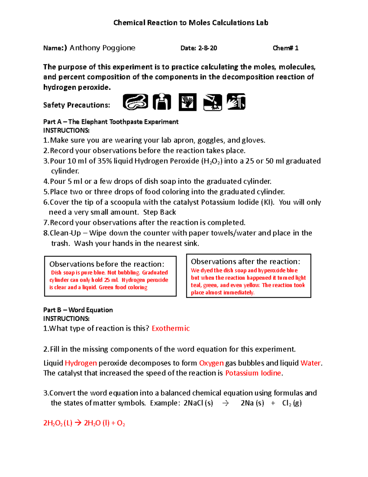 Chem Rx N to Mole Calc Lab - Name:) Anthony Poggione Date: 2-8-20 Chem ...