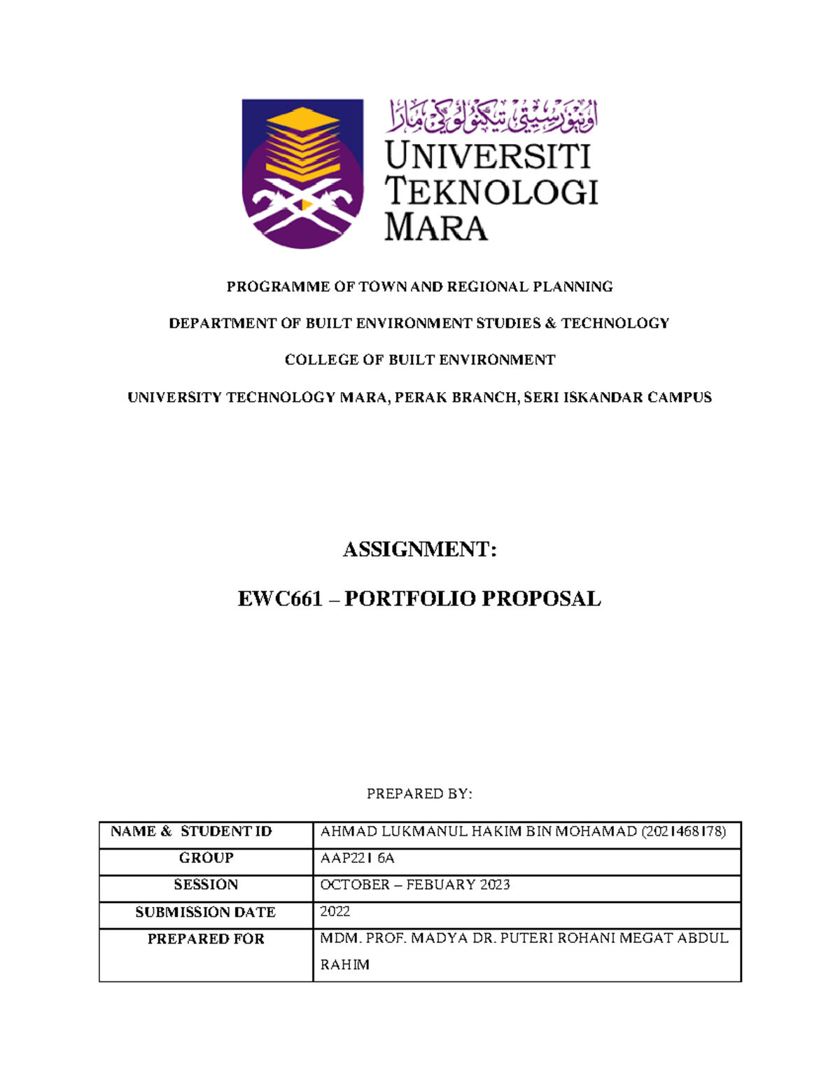 EWC661 Portfolio - PROGRAMME OF TOWN AND REGIONAL PLANNING DEPARTMENT ...