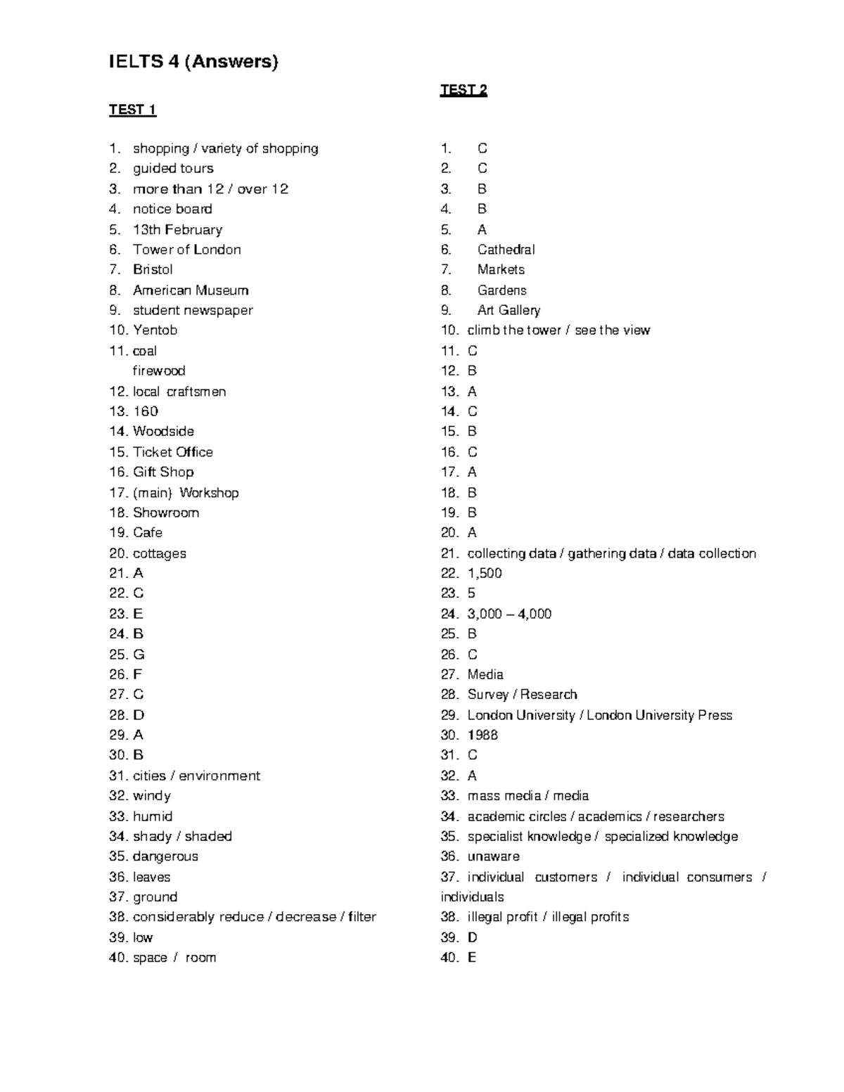 Ielts 4 Answer Keys for Listening - IELTS 4 (Answers) TEST 1 shopping ...