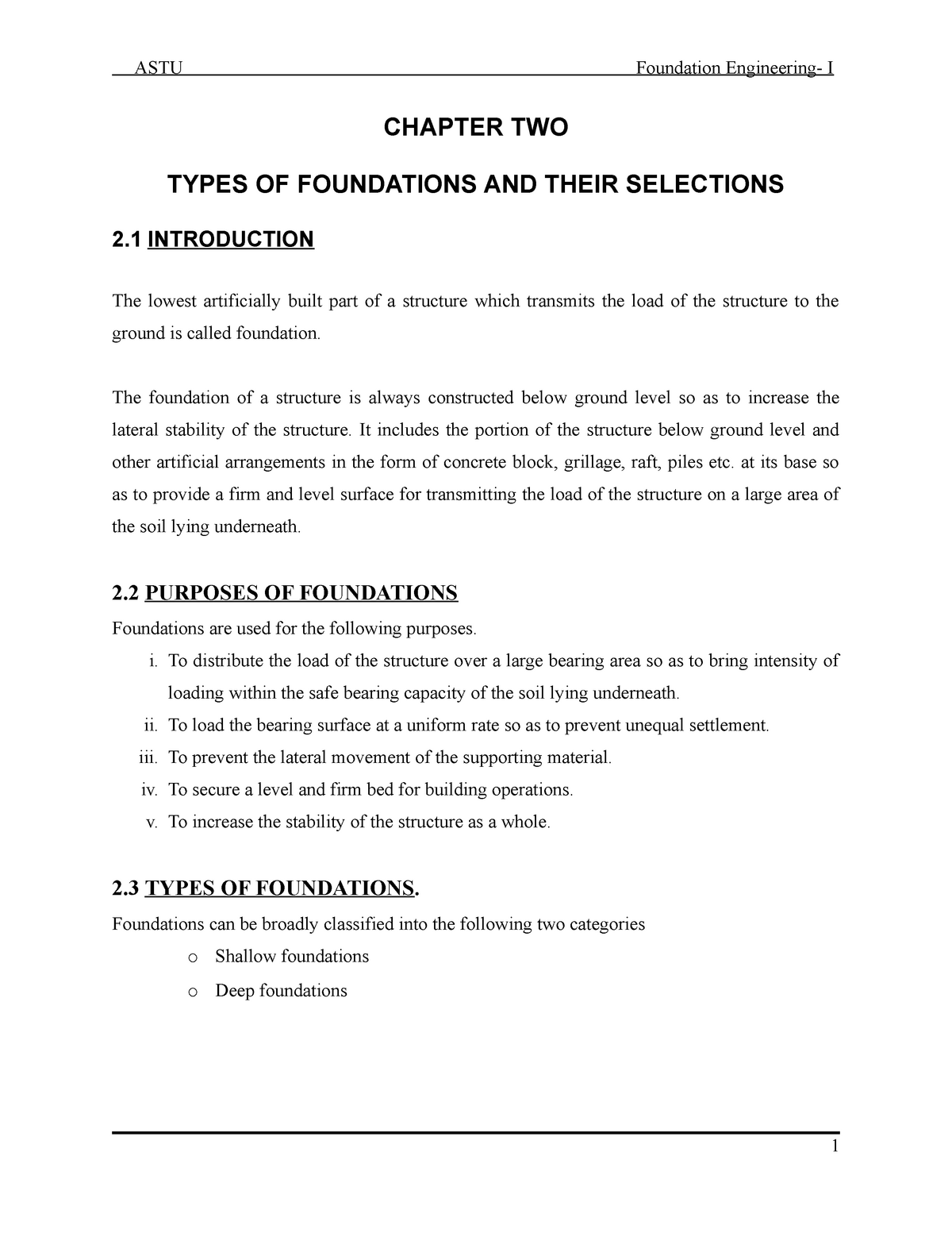 Chapter TWO Selection Offoundation - CHAPTER TWO TYPES OF FOUNDATIONS ...