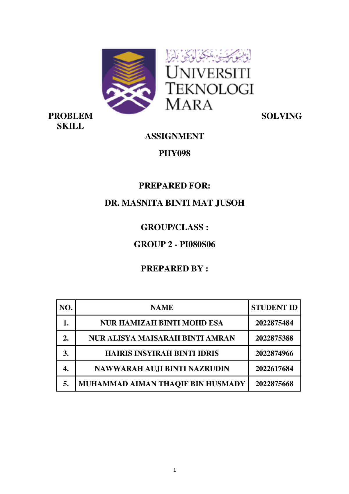 problem solving assignment phy098