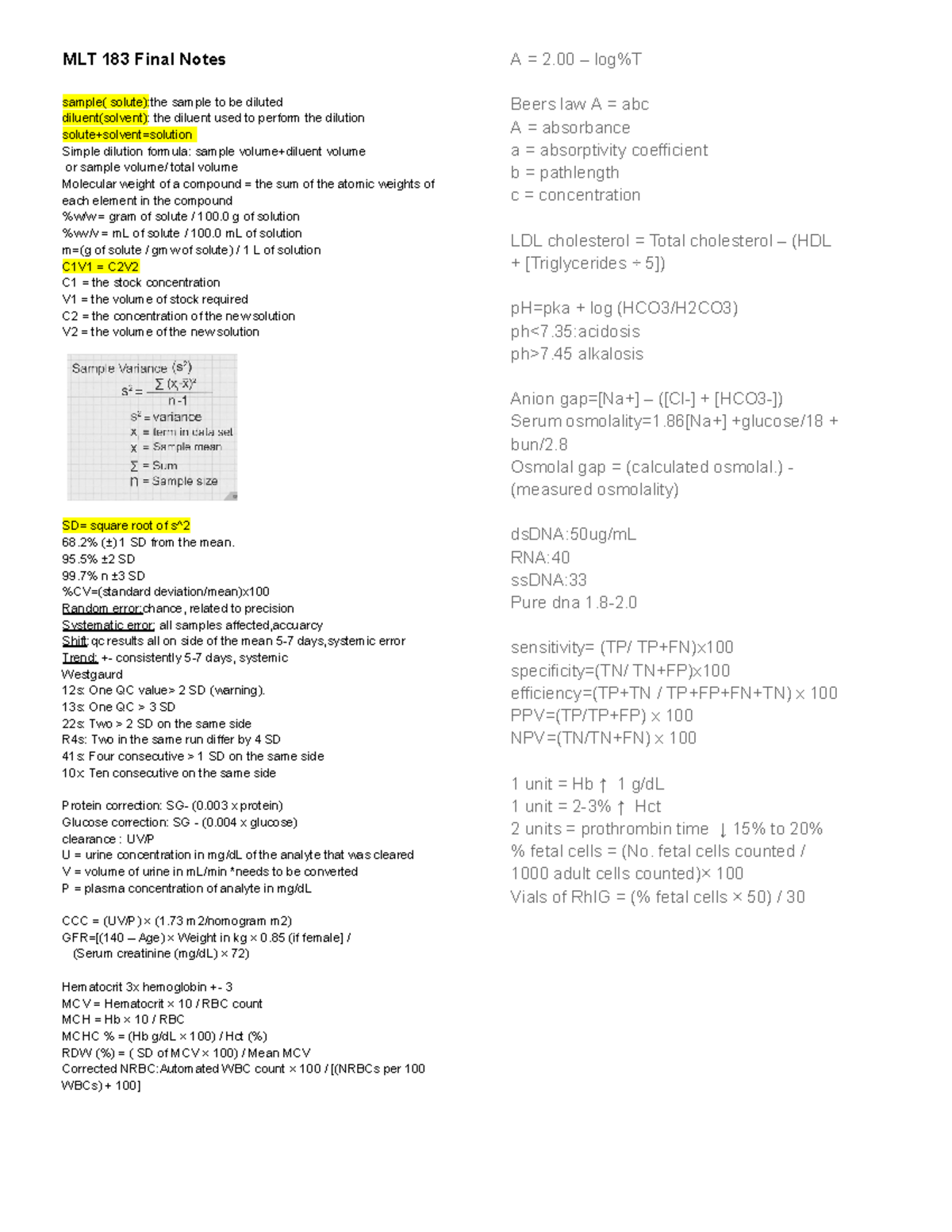 MLT final Notes - MLT 183 Final Notes sample( solute):the sample to be ...
