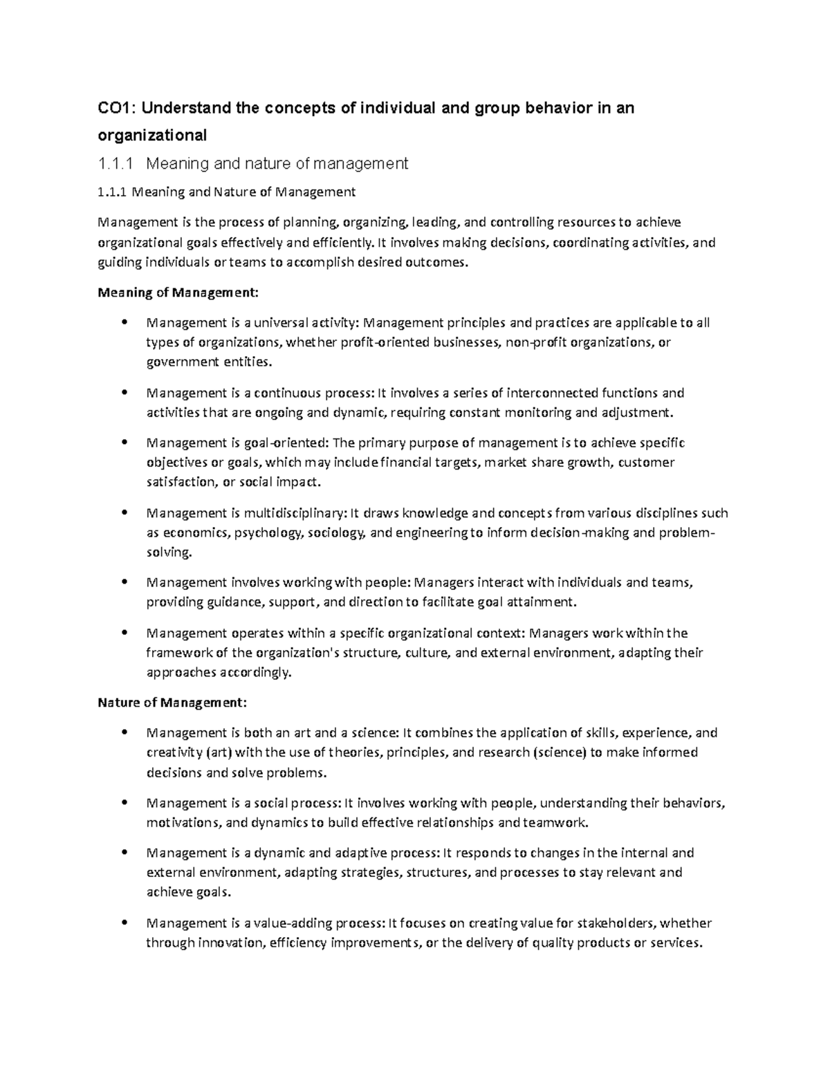 1.1.1-Meaning and nature of management - CO1: Understand the concepts ...