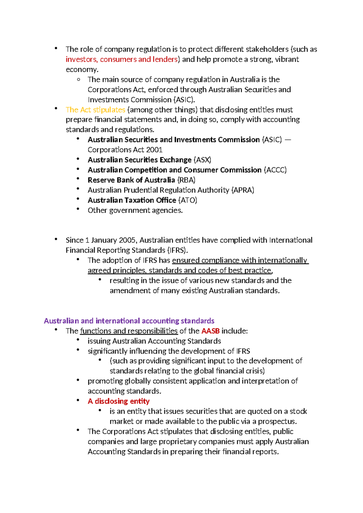 Chapter 2 acc - note - The role of company regulation is to protect ...