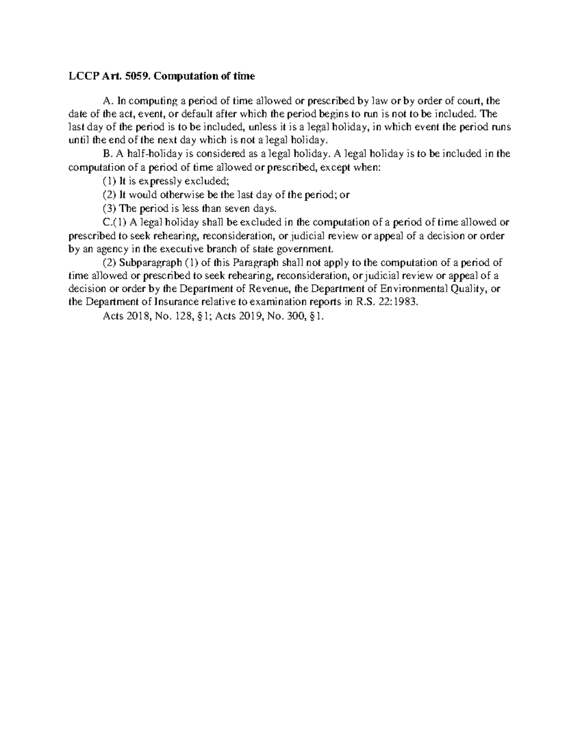 LCCP Art 5059 brief overview of computation of time in Louisiana